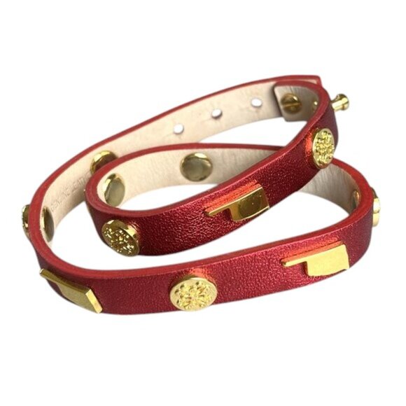 Rustic Cuff OKLAHOMA Double Wrap Leather and Stainless Logo Leather Bracelet Red - Picture 1 of 3